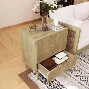 Mid-Century 3 Drawers Bedside Table Cabinet, Modern Nightstand with 3 Drawer and Solid Wood Legs, Contemporary 3-Drawer Nightstand, Mid Century Nightstand with 3 Storage Drawer for Bedroom (Natural)