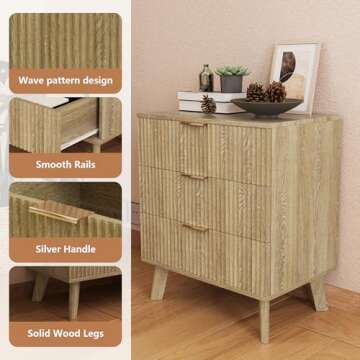 Mid-Century 3 Drawers Bedside Table Cabinet, Modern Nightstand with 3 Drawer and Solid Wood Legs, Contemporary 3-Drawer Nightstand, Mid Century Nightstand with 3 Storage Drawer for Bedroom (Natural)