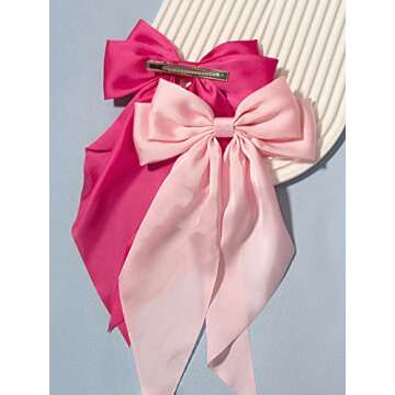 Furling Pompoms Hair Bows Clip, Hot Pink Bow for Women's Hair - 2 Pack, Elegant Satin Bow Hair Accessories for Birthday, Wedding, Holidays