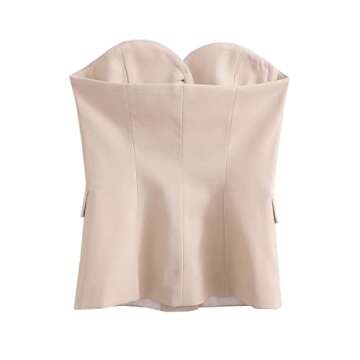 Lerzyoky Women's Strapless Suit Vest Button Front Business Formal Waistcoat Vest with Pockets (Medium,Beige)