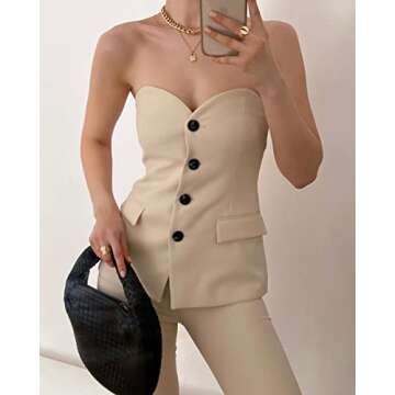 Lerzyoky Women's Strapless Suit Vest Button Front Business Formal Waistcoat Vest with Pockets (Medium,Beige)