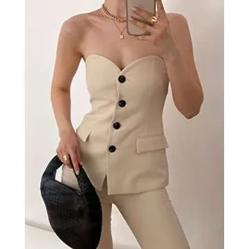 Lerzyoky Women's Strapless Suit Vest Button Front Business Formal Waistcoat Vest with Pockets (Medium,Beige)