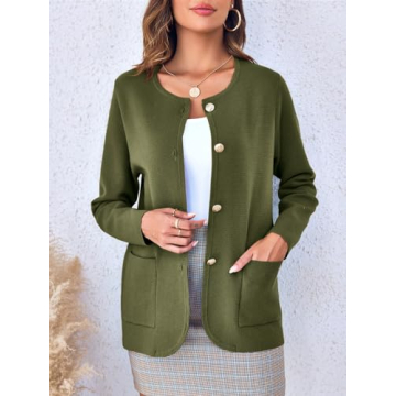 Langwyqu Womens Crew Neck Button Down Cardigan Sweaters Blazer Casual Long Sleeve Knit Solid Sweater with Pockets Army Green