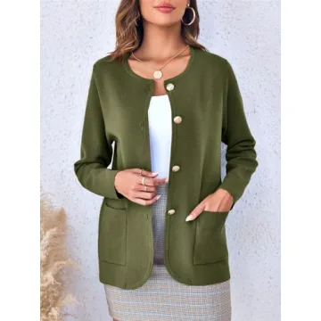 Langwyqu Womens Crew Neck Button Down Cardigan Sweaters Blazer Casual Long Sleeve Knit Solid Sweater with Pockets Army Green