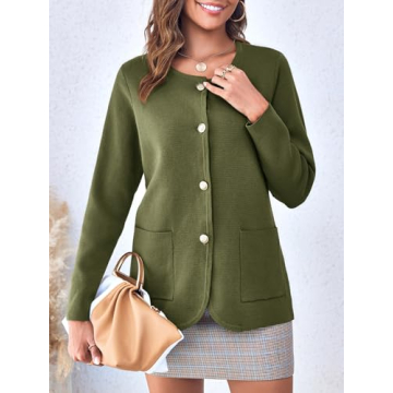 Langwyqu Womens Crew Neck Button Down Cardigan Sweaters Blazer Casual Long Sleeve Knit Solid Sweater with Pockets Army Green
