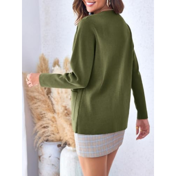 Langwyqu Womens Crew Neck Button Down Cardigan Sweaters Blazer Casual Long Sleeve Knit Solid Sweater with Pockets Army Green