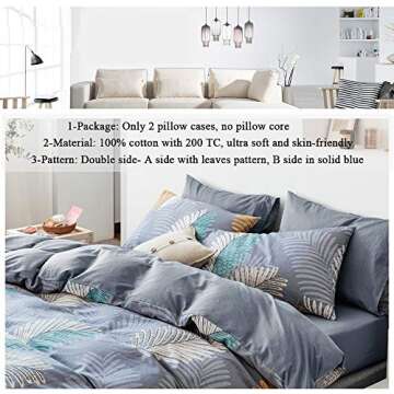 FenDie Blue Pillow Cases Queen Pillowcases Set of 2 100% Cotton Pillow Covers Standard Size Leaves Pattern Decorative Pillow Covers 20 x 26 Envelope Pillowcases