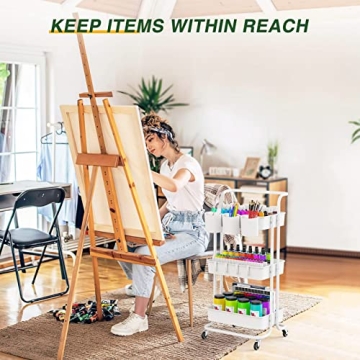 LEHOM 3-Tier Rolling Utility Cart with Hanging Cups & Hooks & Handle, Plastic Art Cart Organizer Storage with Wheels, Easy Assembly for Office, Bedroom, Kitchen, Bathroom, Laundry (White)