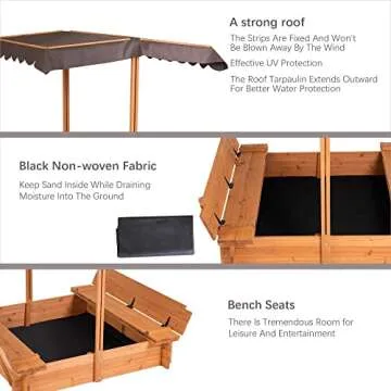 BIRASIL Wood Sandbox with Cover, Sand Box with 2 Bench Seats for Aged 3-8 Years Old, Sand Boxes for Backyard Garden, Sand Pit for Beach Patio Outdoor (Natural Wood, 48 Inch)