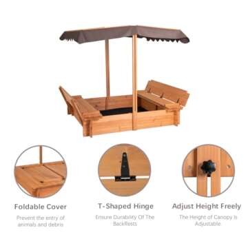 BIRASIL Wood Sandbox with Cover, Sand Box with 2 Bench Seats for Aged 3-8 Years Old, Sand Boxes for Backyard Garden, Sand Pit for Beach Patio Outdoor (Natural Wood, 48 Inch)