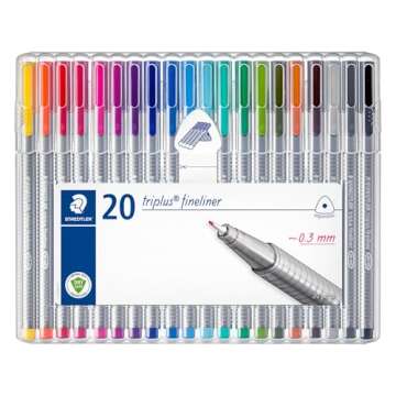 STAEDTLER triplus fineliner, 0.3mm metal-clad tip, ergonomic triangular barrel, for writing, drawing and coloring, set of 20 fineliners, 334 SB20