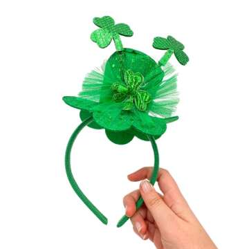 Needzo Little Top Hat St. Patrick's Sequin Headband, Green Hair Accessory With Clovers and Tulle for Holidays and Themed Parties, One Size Fits Most (Top Hat with Clovers and Tulle)