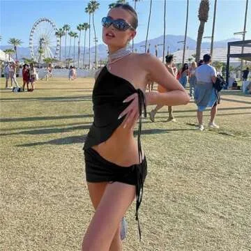 Women Vintage Print Two Piece Skirt Set Y2K Off Shoulder Tube Tops Slim Fit Crop Camis Mini Skirts Night Party Outfit Set(C7-Black,S)