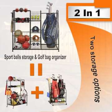 Garage Sports Equipment Organizer & 2 Golf Bag Organizer, Sports Organizer For Garage Outdoor Toy St...