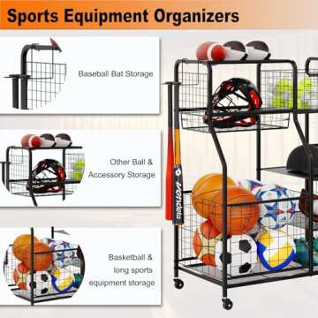 Garage Sports Equipment Organizer & 2 Golf Bag Organizer, Sports Organizer For Garage Outdoor Toy Storage Ball Storage Golf Organizer For Garage with Baskets, Hooks