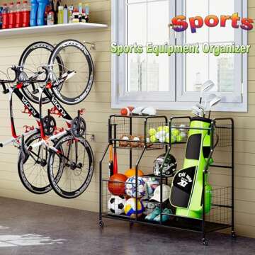 Garage Sports Equipment Organizer & 2 Golf Bag Organizer, Sports Organizer For Garage Outdoor Toy Storage Ball Storage Golf Organizer For Garage with Baskets, Hooks