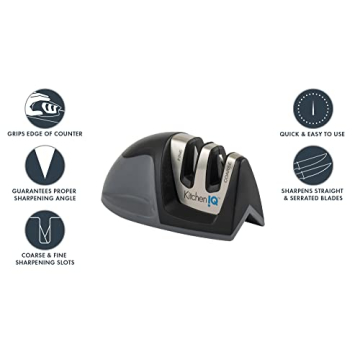 KitchenIQ 50009 Edge Grip 2-Stage Knife Sharpener, Black, Coarse & Fine Sharpeners, Compact for Easy Storage, Stable Non-Slip Base, Soft Grip Rubber Handle, Straight & Serrated Knives