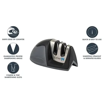 KitchenIQ 50009 Edge Grip 2-Stage Knife Sharpener, Black, Coarse & Fine Sharpeners, Compact for Easy Storage, Stable Non-Slip Base, Soft Grip Rubber Handle, Straight & Serrated Knives