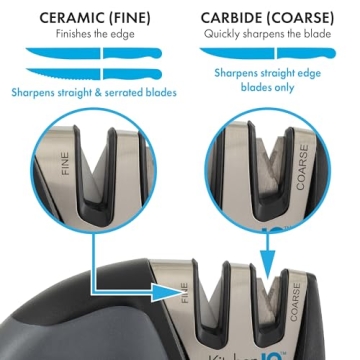 KitchenIQ 50009 Edge Grip 2-Stage Knife Sharpener, Black, Coarse & Fine Sharpeners, Compact for Easy Storage, Stable Non-Slip Base, Soft Grip Rubber Handle, Straight & Serrated Knives