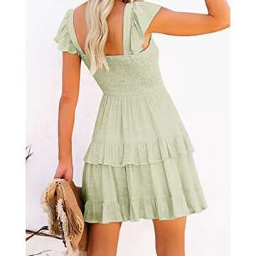 Fessceruna Ruffle Mini Dresses for Womens Flare Layered Elegant Drape A-line Swing Flowy Midi Dress Summer A-Light Green