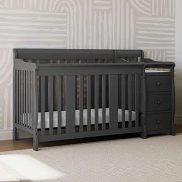Storkcraft Portofino 5-in-1 Convertible Crib and Changer (Gray) – Crib and Changing Table Combo wi...