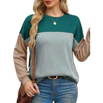 Stylish Womens Long Sleeve Color Block Tops for Fall