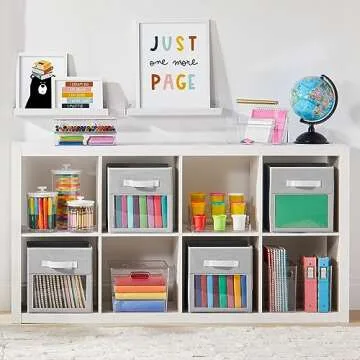 mDesign Fabric Nursery/Playroom Closet Storage Organizer Bin Box with Front Handle/Window for Cube Furniture Shelving Units, Hold Toys, Clothes, Diapers, Bibs, Jane Collection, 4 Pack - Gray/White