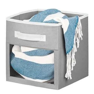 mDesign Fabric Nursery/Playroom Closet Storage Organizer Bin Box with Front Handle/Window for Cube Furniture Shelving Units, Hold Toys, Clothes, Diapers, Bibs, Jane Collection, 4 Pack - Gray/White