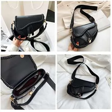Women's fashion saddle bag shoulder bag purse handbag crossbody bag gift (Black)