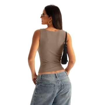 Eachyes Womens Boat Neck Seamless Tank Tops Sleeveless Double Layering Shirts Basic Going Out Tops Summer Outfits Khaki X-Small