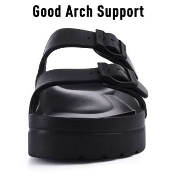 Goosecret Women's Platform Sandals with Arch Support Chunky Lightweight Foam Slip on Slides Comfortable Summer Beach Sandals with Adjustable Buckle Black, 41(size 10)