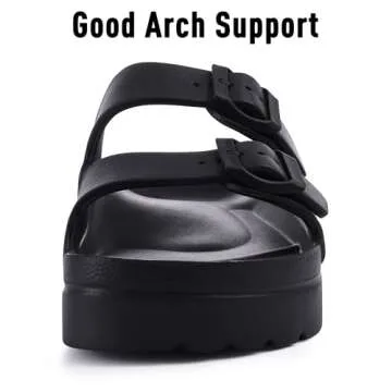 Goosecret Women's Platform Sandals with Arch Support Chunky Lightweight Foam Slip on Slides Comfortable Summer Beach Sandals with Adjustable Buckle Black, 41(size 10)