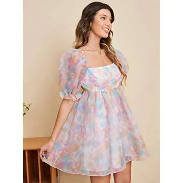 WDIRARA Women's Floral Print Puff Sleeve Organza Dress