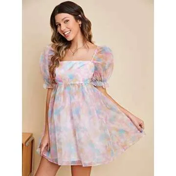 WDIRARA Women's Floral Print Puff Sleeve Organza Dress