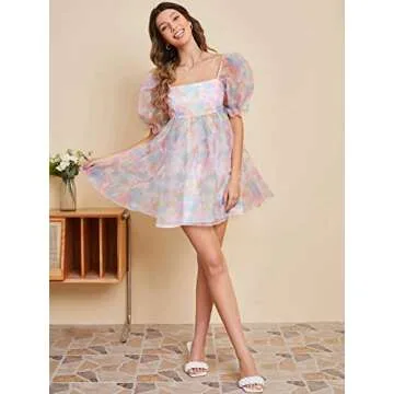WDIRARA Women's Floral Print Puff Sleeve Organza Dress