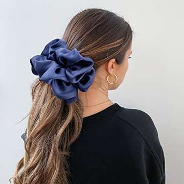 CEELGON Big Real Silk Scrunchies for Women Large Scrunchie Satin Oversized Silk Thick Elastic Hair Ties Jumbo Hair Scrunchies 3 Pack (black,pink,blue)