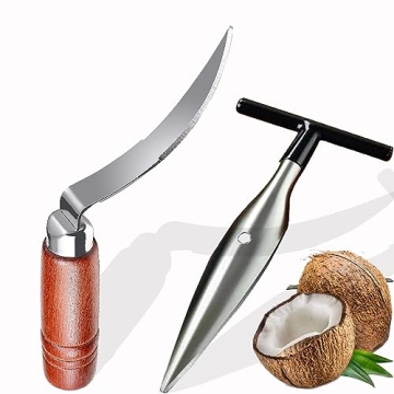Premium Coconut Opener Tool Set -Stainless Steel Coconut Puncher and Coconut Meat Remover Scraper Kn...