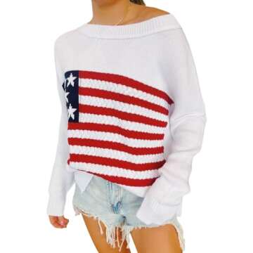 Women Vintage Loose Casual Sweater Long Sleeve Crew Neck USA Flag Print Knit Pullover Knitwear Fall ...