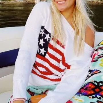 Women Vintage USA Flag Print Casual Sweater for Fall