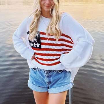 Women Vintage USA Flag Print Casual Sweater for Fall