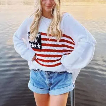 Women Vintage USA Flag Print Casual Sweater for Fall