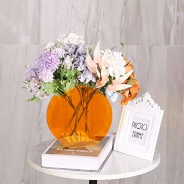 Orange Acrylic Vase, Modern Acrylic Geometric Wide Mouth Small vase, Orange Flower Vase for centerpieces Desk Flower Bud vase, for Living Room Table, Office, Wedding