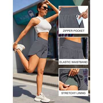 BMJL Women's Athletic Shorts High Waisted Running Shorts Pocket Sporty Shorts Gym Elastic Workout Shorts(L,Flower Grey)