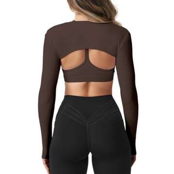 YEOREO Women Crop Top Long Sleeve Bolero Open Front Workout Cropped Shirts Sports Shrug Coffee S