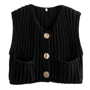 Hixiaohe Womens Crochet Chunky Knit Top Sleeveless Button Down Crop Tops Trendy Cardigan Sweater Ves...