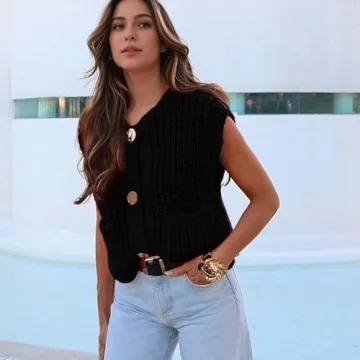 Hixiaohe Womens Crochet Chunky Knit Top with Pockets