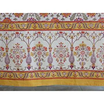 Saffron Marigold Rectangle Hand Block Printed Tablecloth - Orange Blossom Luxurious 100% Cotton, Washable, for Home Decor, Kitchen, Coffee Or Dining Table 70 x 90 Inches