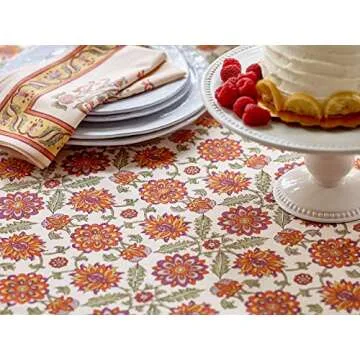 Saffron Marigold Rectangle Hand Block Printed Tablecloth - Orange Blossom Luxurious 100% Cotton, Washable, for Home Decor, Kitchen, Coffee Or Dining Table 70 x 90 Inches