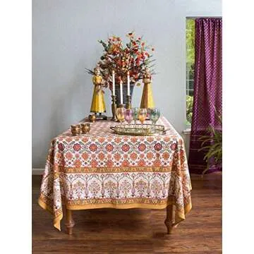 Saffron Marigold Rectangle Hand Block Printed Tablecloth - Orange Blossom Luxurious 100% Cotton, Washable, for Home Decor, Kitchen, Coffee Or Dining Table 70 x 90 Inches