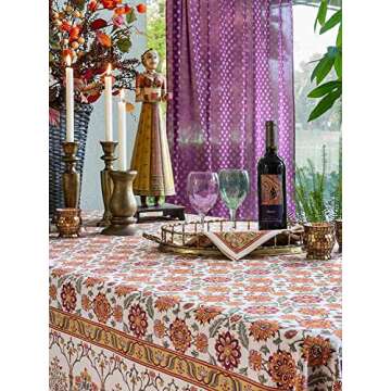 Saffron Marigold Rectangle Hand Block Printed Tablecloth - Orange Blossom Luxurious 100% Cotton, Washable, for Home Decor, Kitchen, Coffee Or Dining Table 70 x 90 Inches